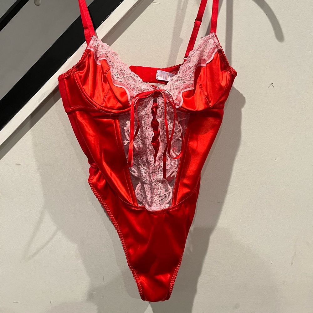 Savage X Fenty Red Satin & Lace Body Suit